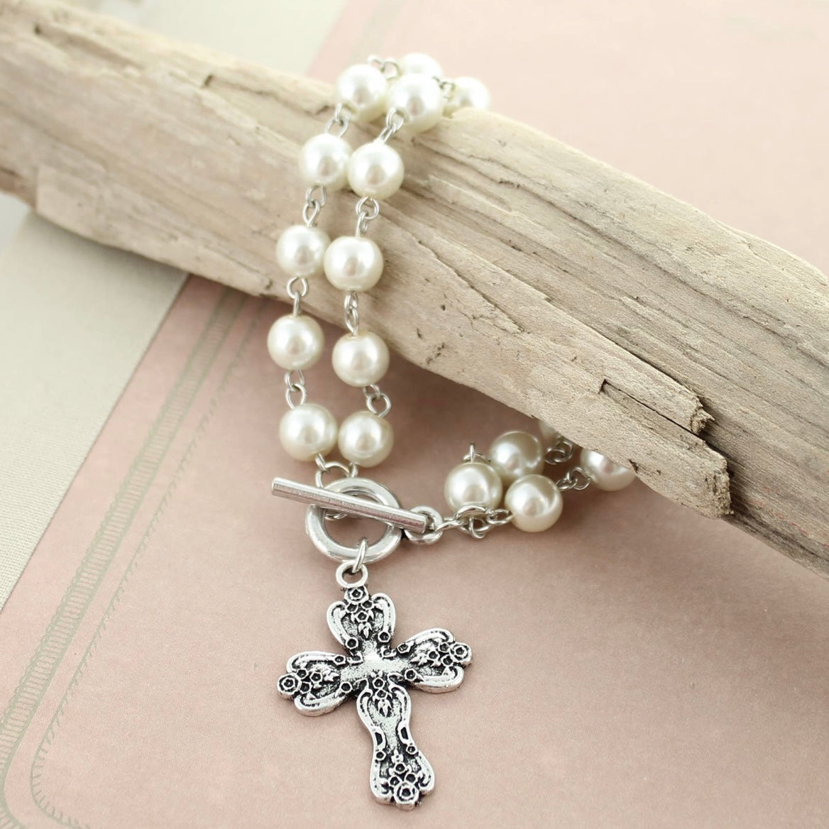 Antique Silver Cross & Pearl Bracelet