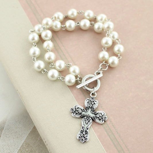 Antique Silver Cross & Pearl Bracelet