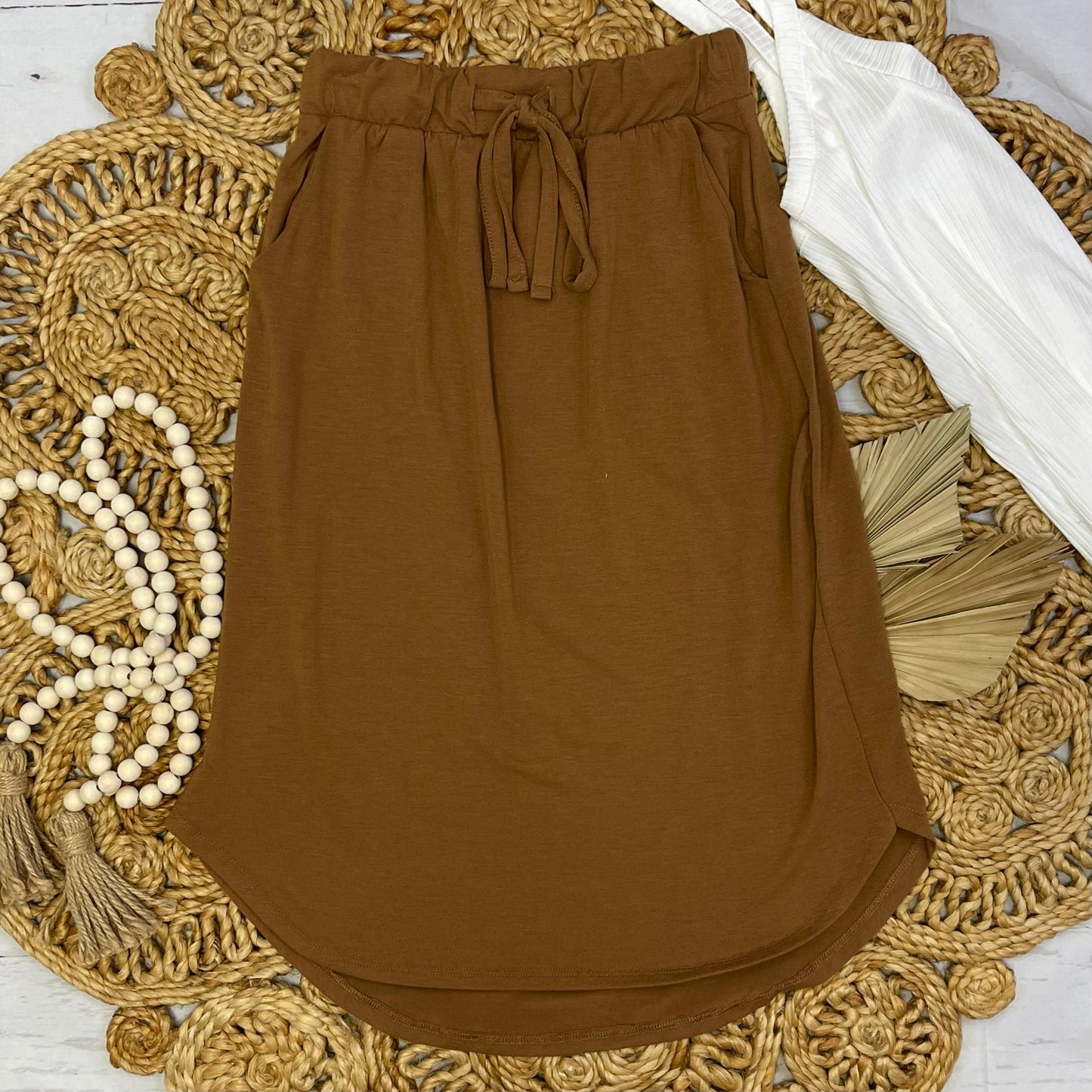 Self-Tie Tulip Hem Skirt With Side Pockets, Deep Camel