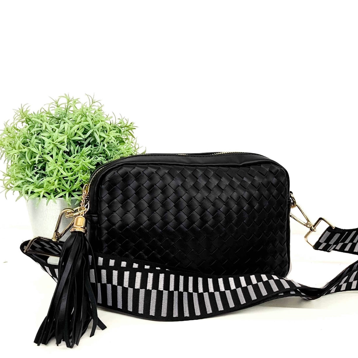 Black Woven Willow Camera Crossbody Bag