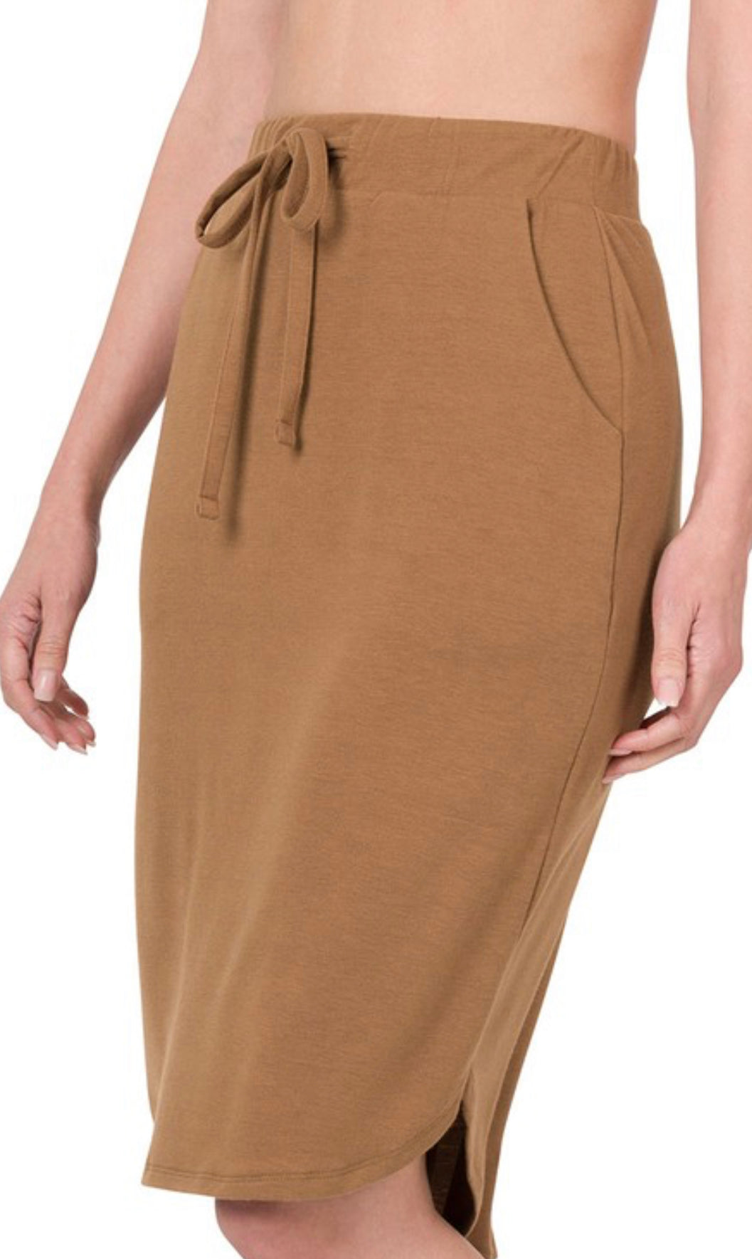 Self-Tie Tulip Hem Skirt With Side Pockets, Deep Camel