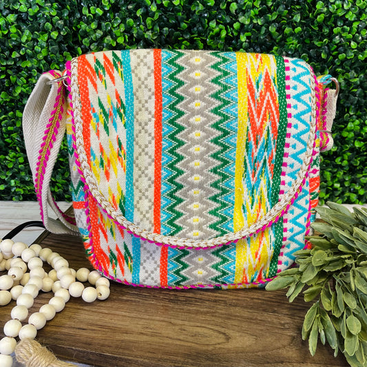 Bohemian Rainbow Crossbody Bag with Embroidered Strap
