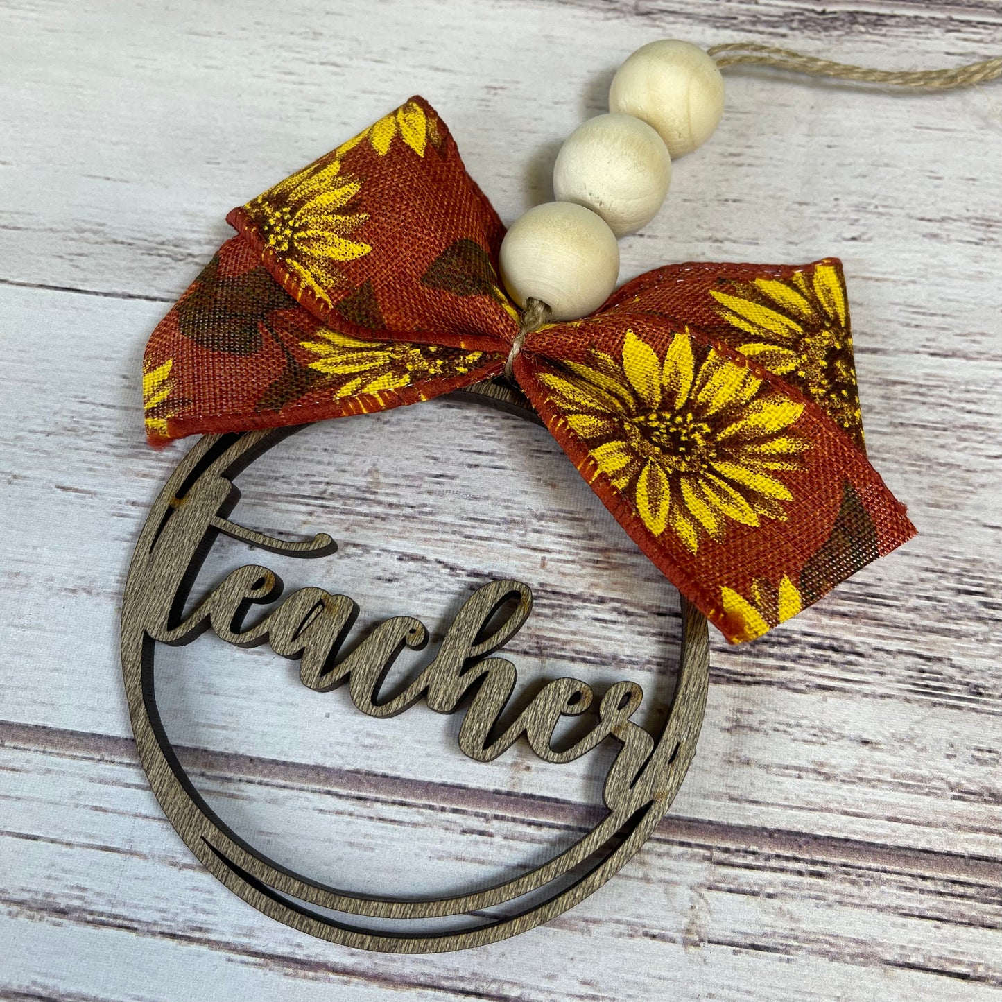 Teacher Car Charm with Orange Sunflower Ribbon