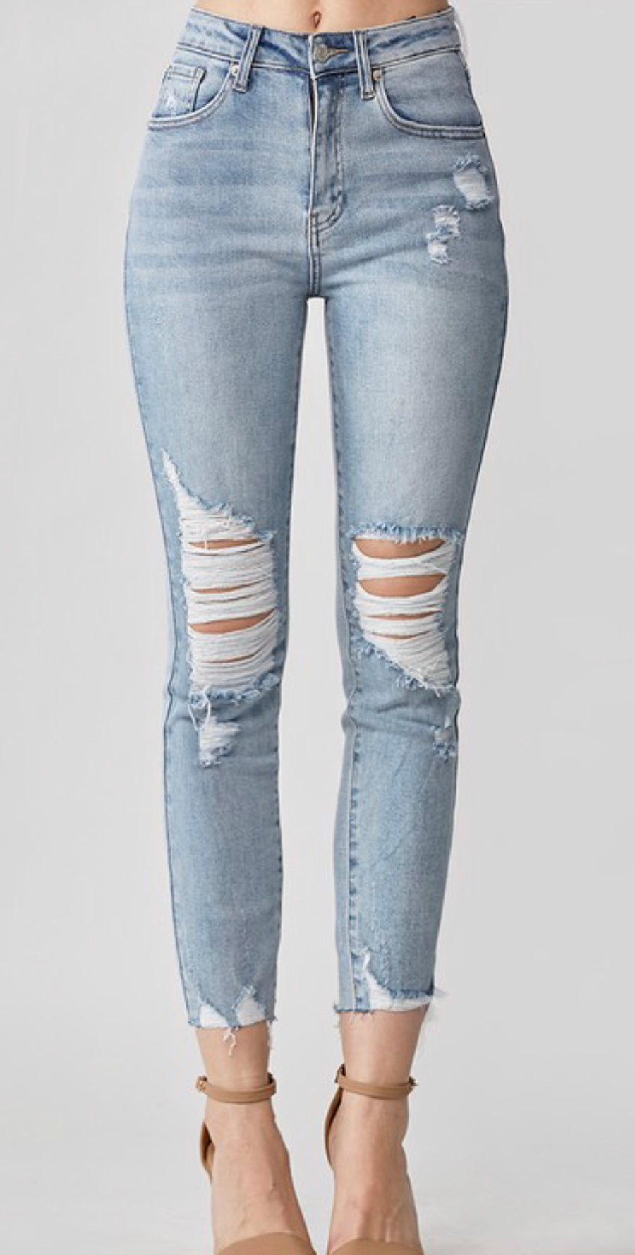 High Rise Distressed Raw Hem Skinny Jean