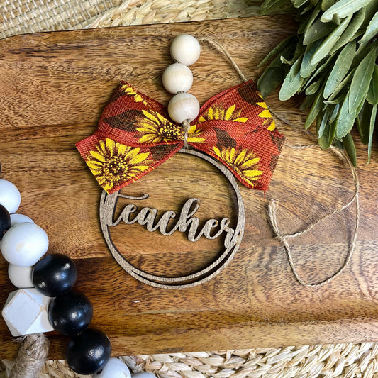 Teacher Car Charm with Orange Sunflower Ribbon