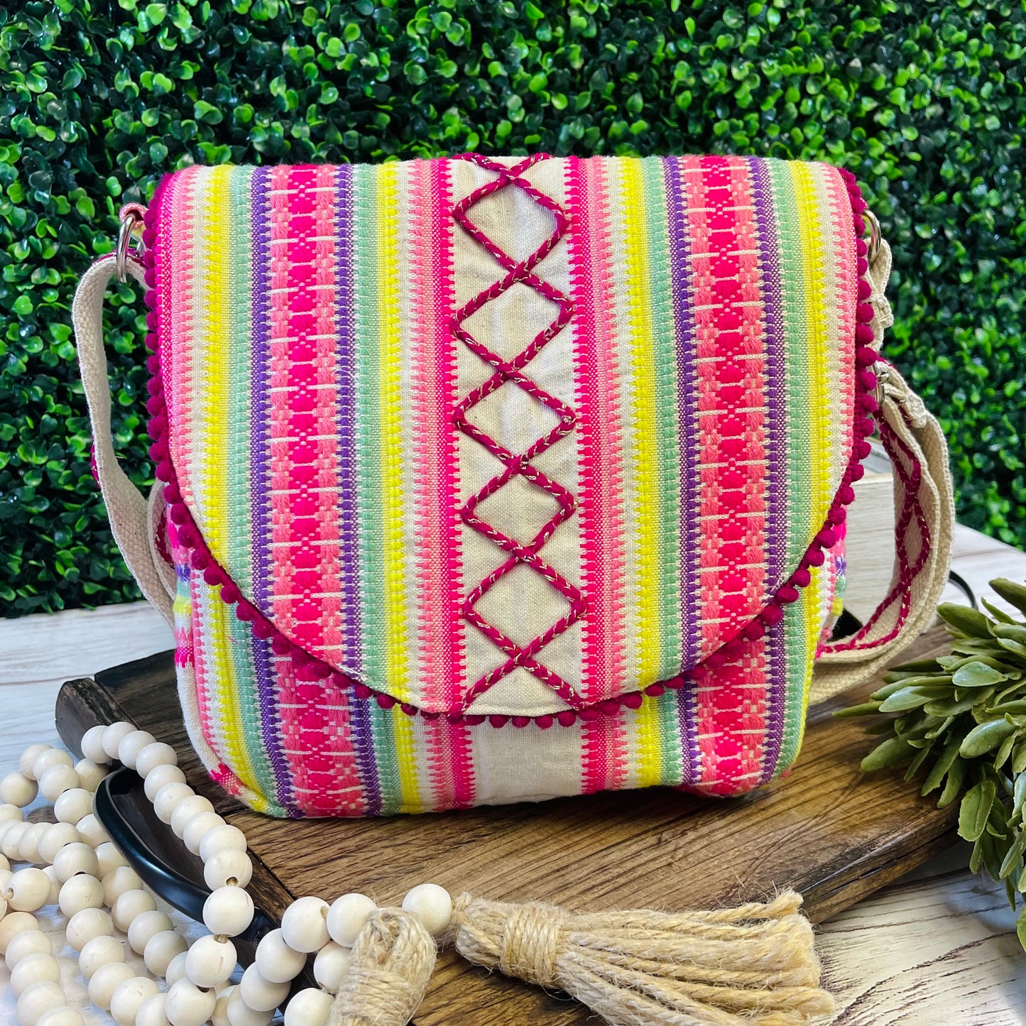 Crisscross and Striped Multicolored Crossbody Bag